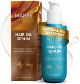 MAREE Hair Oil argan bottle demonstrates frizz control and shine.