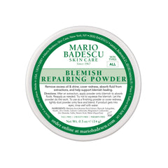 Mario Badescu Blemish Repairing Powder tube highlights a sulfur-based formula for fast blemish drying.