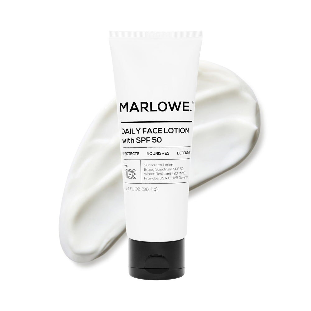 MARLOWE No.128 bottle front with SPF 50 for daily protection.