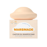 Marsmade Castor Oil Shampoo Bar packaging on a clean surface for sustainable care.