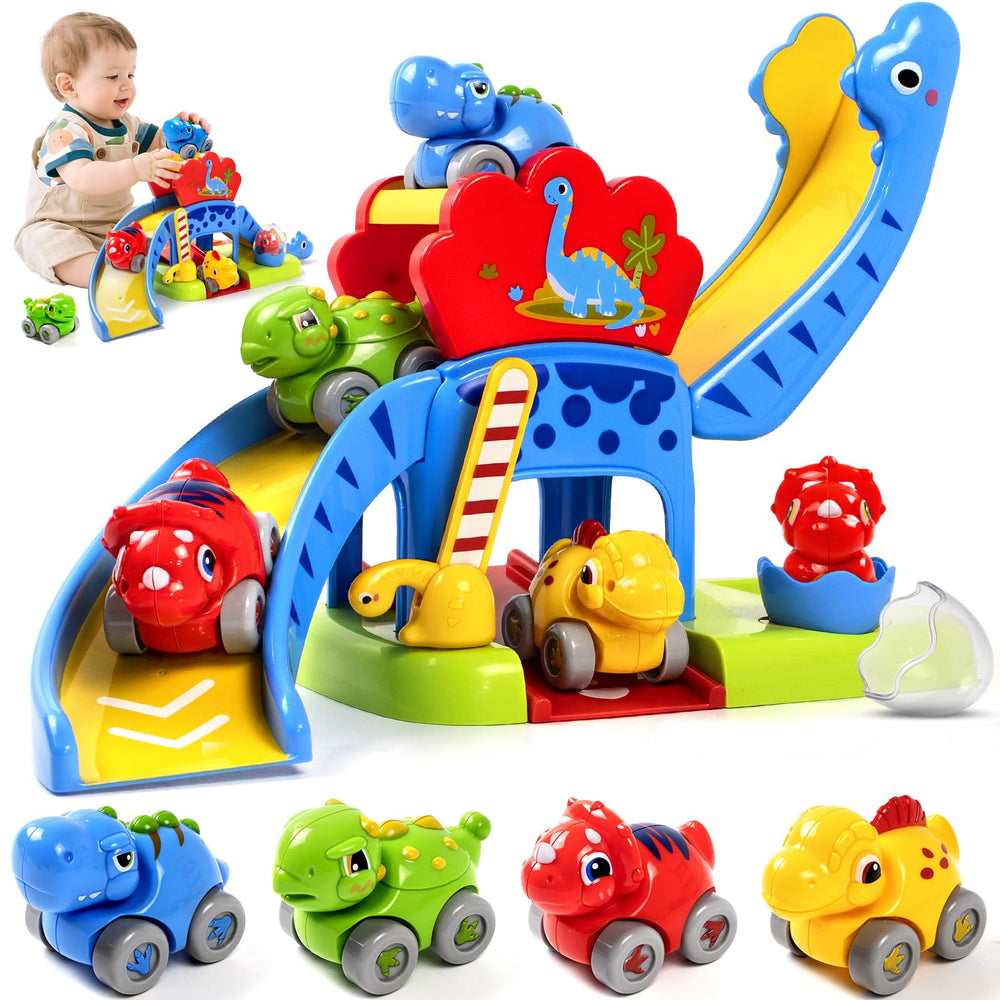 Marstone dinosaur slide with four animal cars for early problem-solving play.