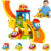 Marstone elephant slide with four animal cars supports early color recognition and motor skills.
