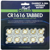 Mart Cobra CR1616 batteries with solder tabs ready for cartridge installation.