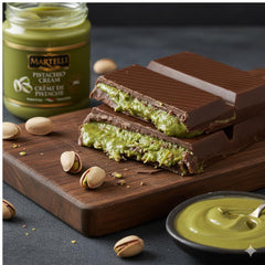 Martelli Pistachio Cream 200g jar highlights rich pistachio color and premium quality.