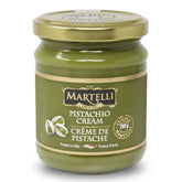 Martelli Pistachio Cream Italian jar shows smooth texture for gluten-free desserts.