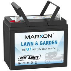 MARXON U1 360CCA front view battery for reliable mower starts.