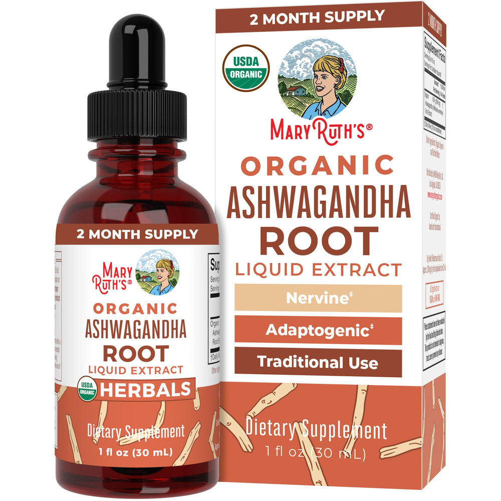 MaryRuth's Ashwagandha Drops bottle showcases USDA Organic formula for natural calm.
