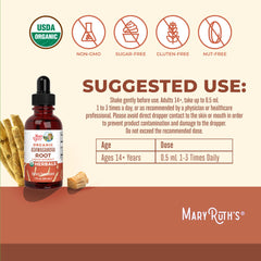MaryRuth's Ashwagandha Drops label highlights organic certifications and clean-label promise.