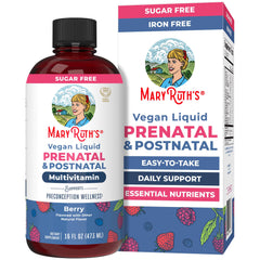 MARYRUTH'S prenatal bottle pour illustrates a berry liquid convenient for daily dosing.