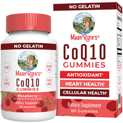 MaryRuth's CoQ10 gummies raspberry bottle shows vegan and gluten-free dietary supplement.