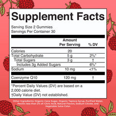 MaryRuth's CoQ10 gummies raspberry close-up highlights vegan raspberry flavor.