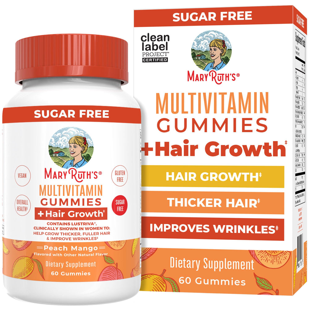 MaryRuth's hair growth gummies bottle front promotes thicker hair