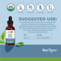 Close-up of MaryRuth's Kava Root label highlighting organic, vegan formulation and sugar-free ingredients.