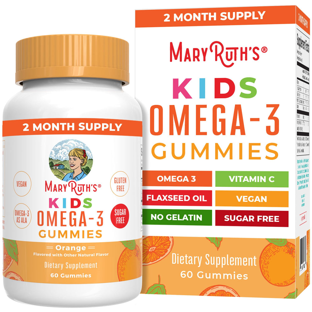 MaryRuth's Kids Omega-3 Gummies bottle with orange flavor for daily immune support.