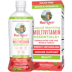 MaryRuth's Liquid Morning Multivitamin Essentials+ bottle on a kitchen counter for daily immune support