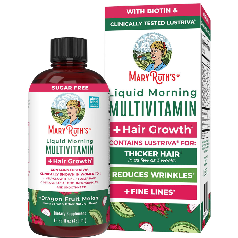 MARYRUTH'S liquid multivitamin bottle shown for daily wellness and hair support