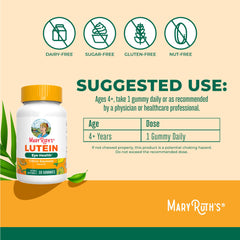MaryRuth's Lutein Gummies vegan, non-GMO packaging on a clean shelf for daily use.