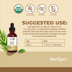Closeup of the label on MARYRUTH'S Maca Root Liquid Drops highlights organic vegan formula