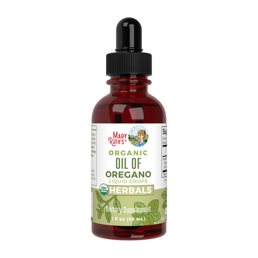 MaryRuth's Oregano Oil Drops bottle close-up showing organic formula for daily wellness