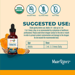 MARYRUTH'S Organic Turmeric Liquid Extract label highlights USDA Organic and vegan certifications.