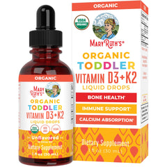 MARYRUTH'S Organics D3+K2 drops bottle supports toddler bone health.