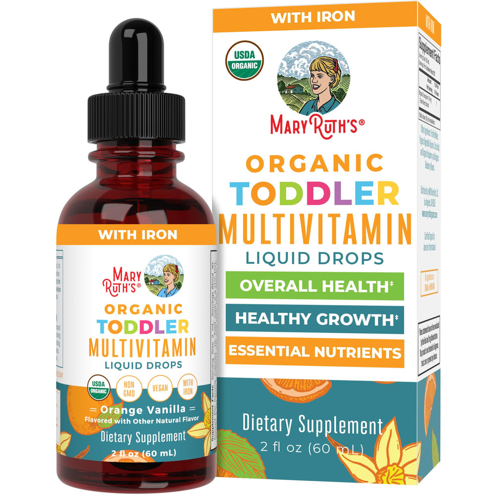 MaryRuth's Organics toddler multivitamin bottle highlighting USDA Organic nutrition for growing kids.