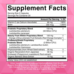 MaryRuth's Probiotic Beauty capsules label closeup highlighting vegan ingredients.
