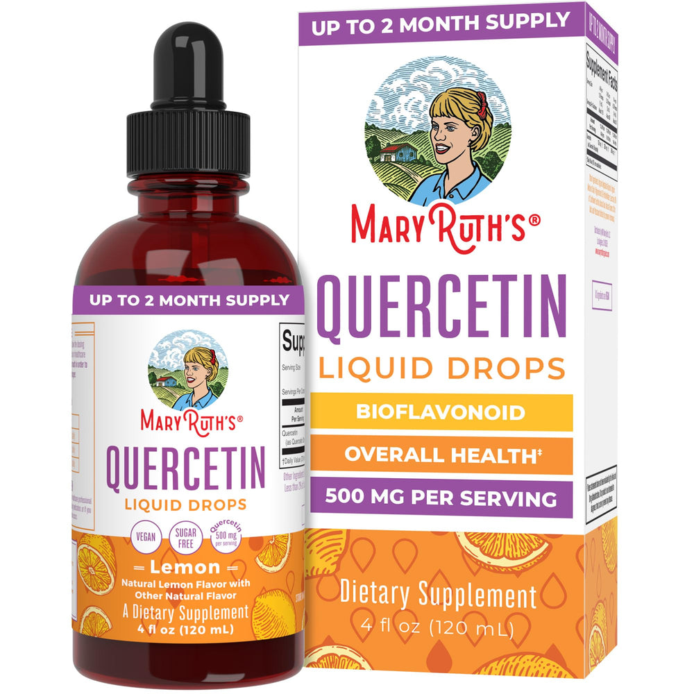 MaryRuth's Quercetin Drops bottle on counter with lemon flavor for easy daily use.
