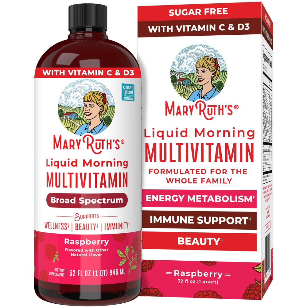 MaryRuth's Raspberry liquid multivitamin bottle shows easy daily dosing for the family