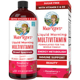 MaryRuth's Raspberry liquid multivitamin bottle shows easy daily dosing for the family