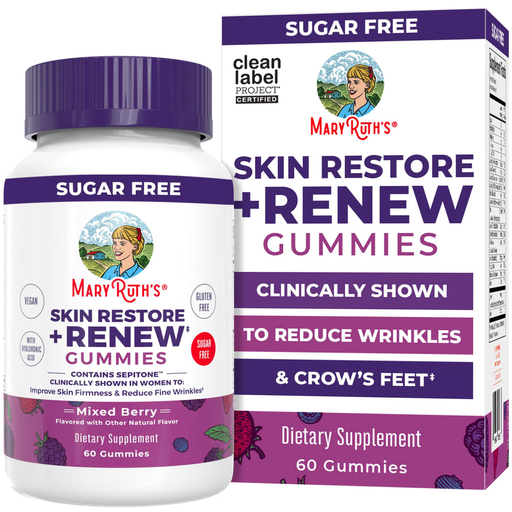 MaryRuth's Skin Restore + Renew gummies bottle shows mixed berry flavor for hydration