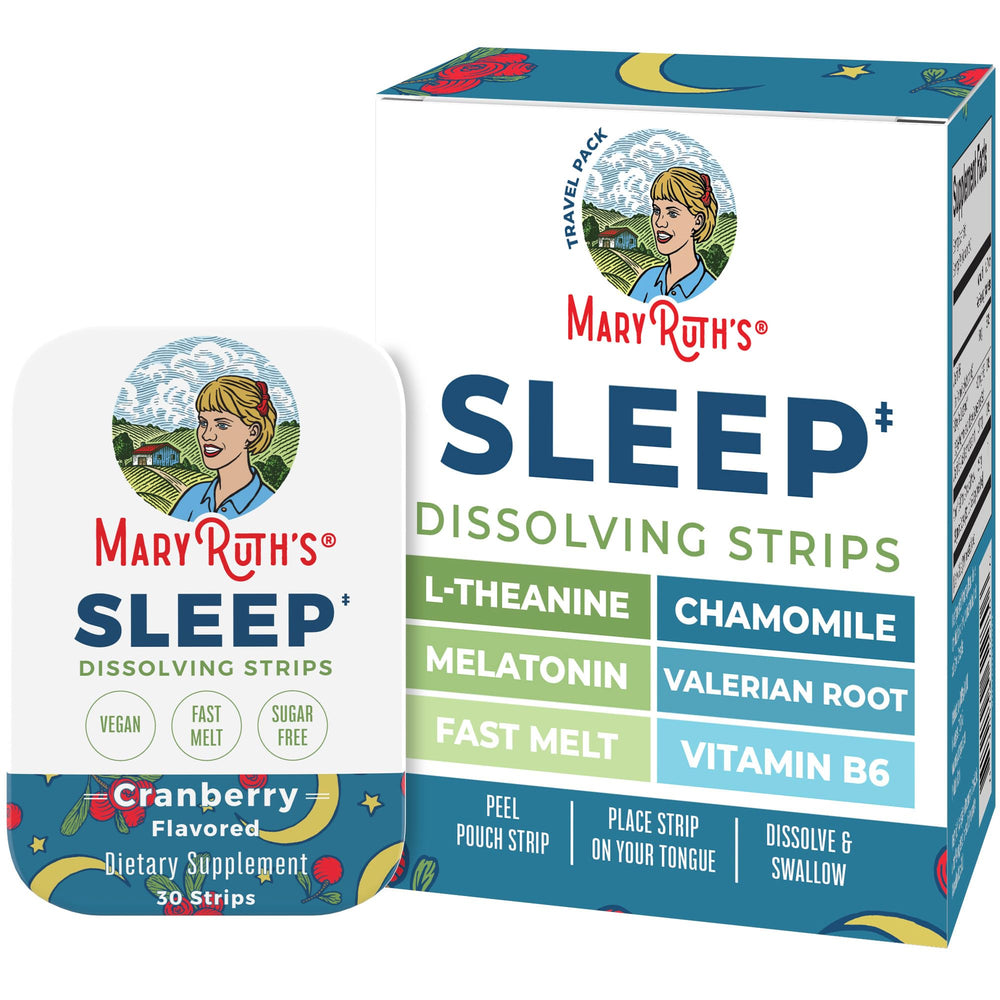 MaryRuth's Sleep Dissolving Strip on tongue delivers quick cranberry flavor for a calm night.