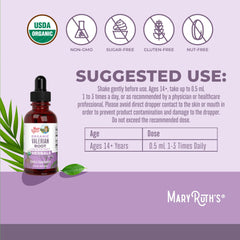 MARYRUTH'S valerian liquid drops label-front shows organic, vegan, and sugar-free credentials