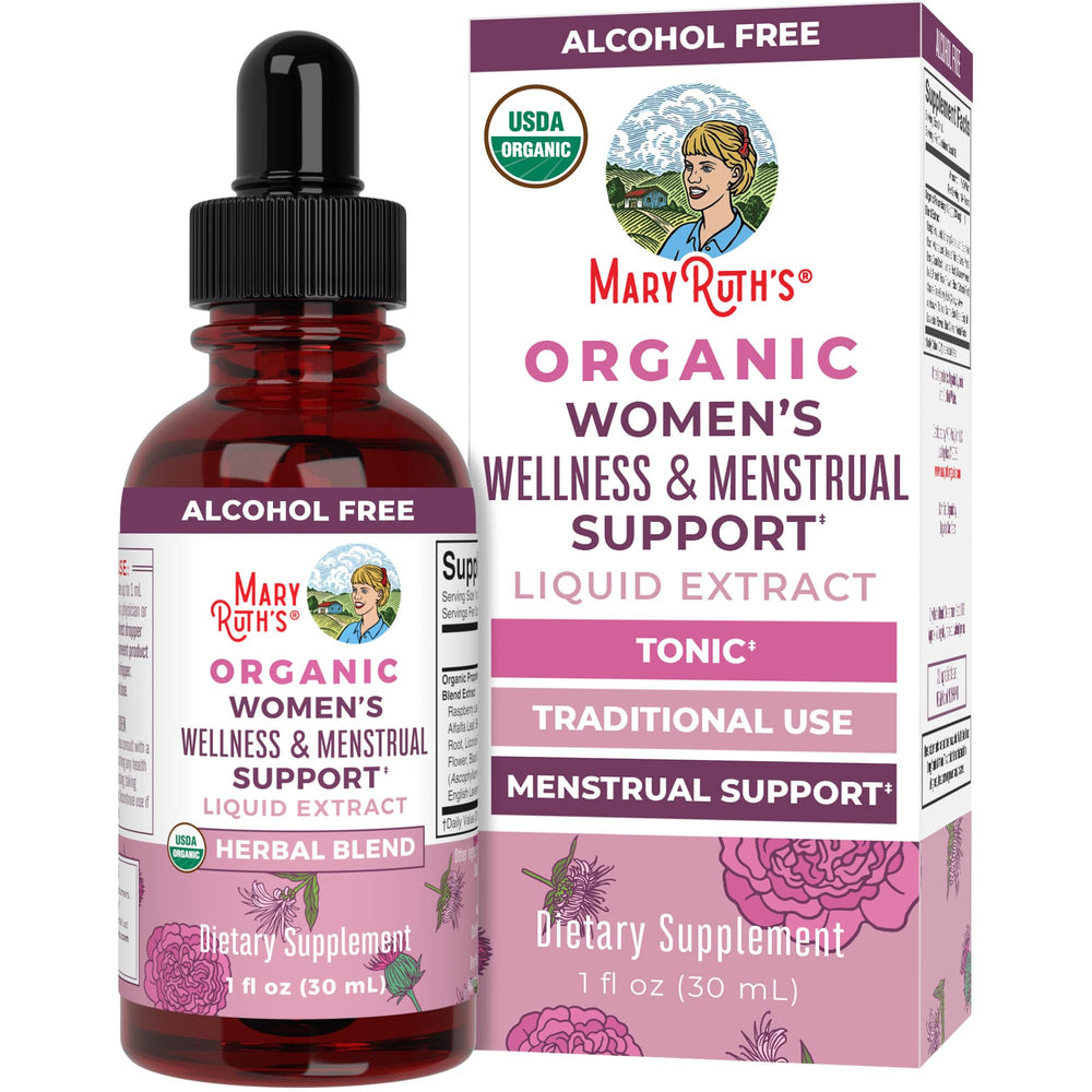 MaryRuth's Women's Wellness Drops bottle highlights USDA Organic formula for cycle support.