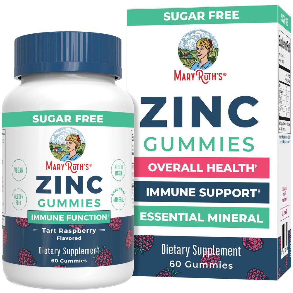 MaryRuth's Zinc Gummies bottle front shows raspberry flavor and vegan formula