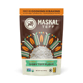 Maskal Teff Organic Ivory Flour bag shown for gluten-free baking versatility
