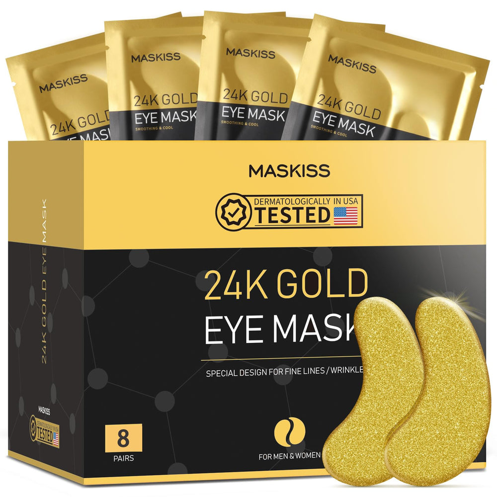 Maskiss packaging of 24k gold under-eye patches for premium hydration.