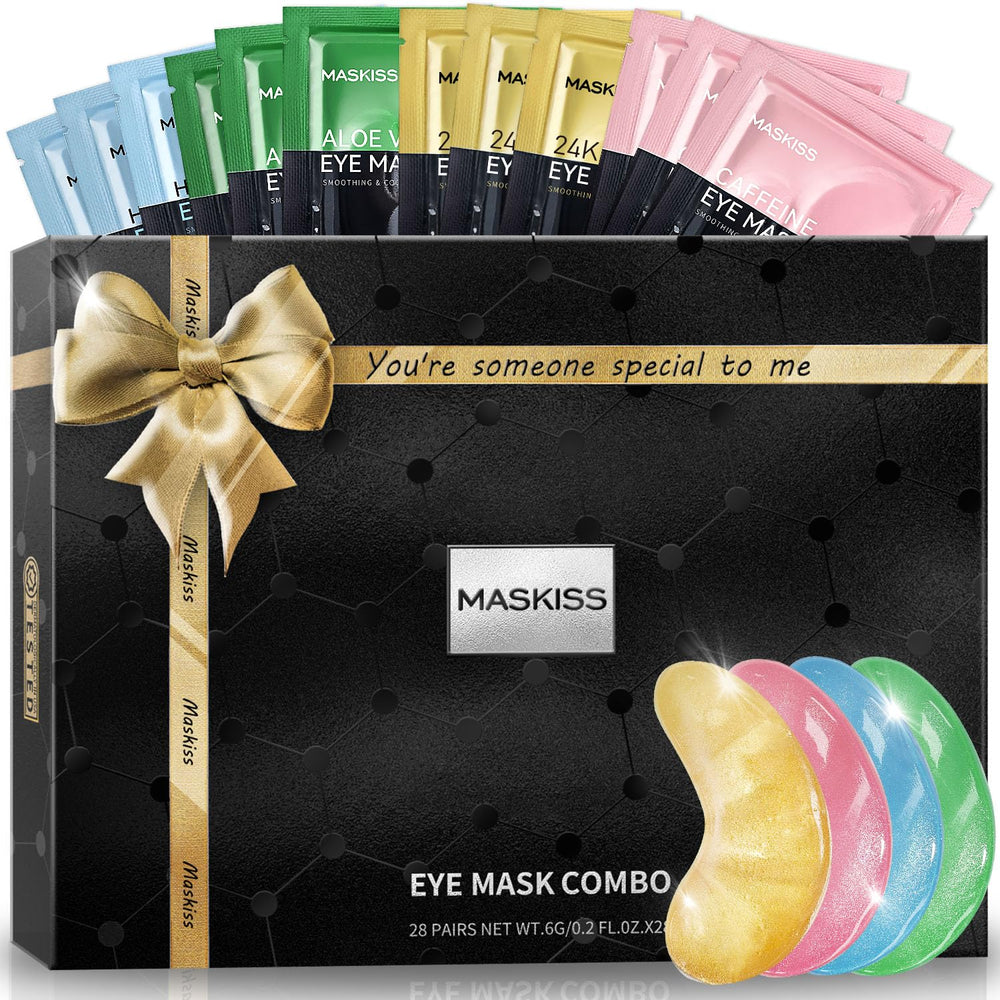 Maskiss under-eye patches collection in compact packaging for easy gifting and travel-friendly use.