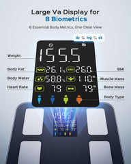 Masmssm Smart Scale close-up showing 8-in-1 metrics for full-body insight.