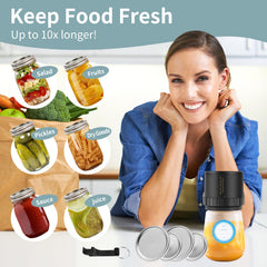 Mason Genie wide-mouth sealer shown with jars for versatile storage.