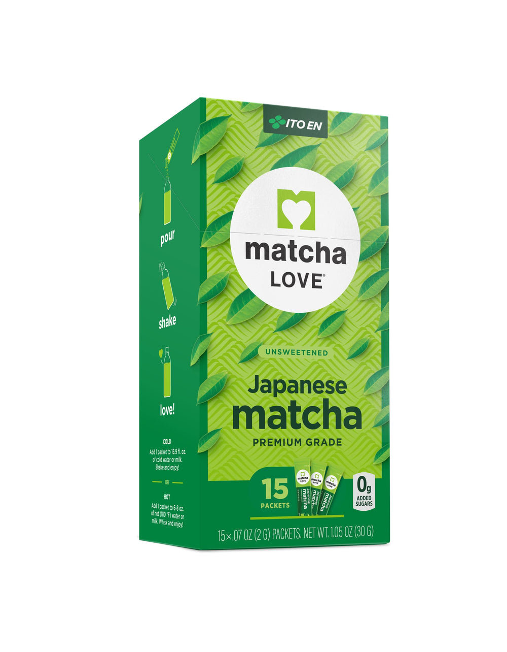 matcha LOVE unsweetened packets for hot or iced tea.