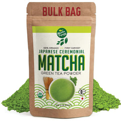 Matcha Organics ceremonial matcha powder in a jar, ideal for energizing lattes and smoothies.
