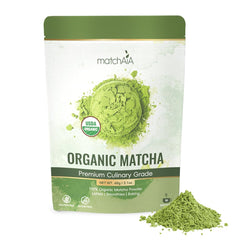MatchAiA Organic Matcha 60g pouch shows vibrant emerald powder ideal for lattes and smoothies.
