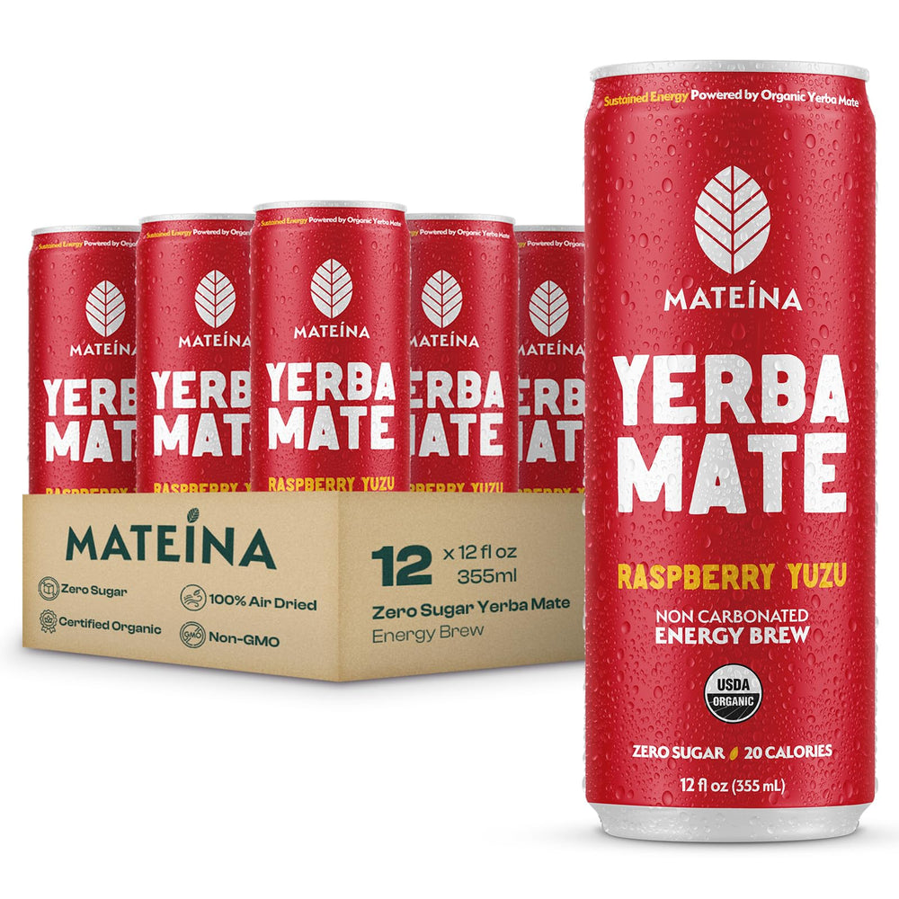 Mateina Yerba Mate Raspberry Yuzu can front, highlighting zero sugar energy in a bright design.
