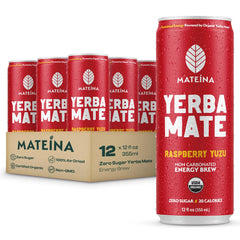 Mateina Yerba Mate Raspberry Yuzu can front, highlighting zero sugar energy in a bright design.