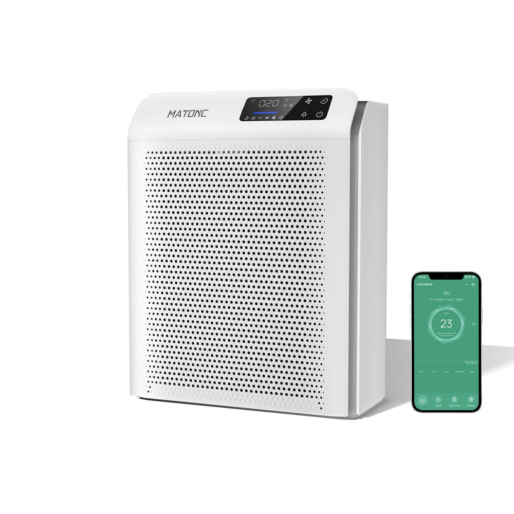 MATONC air purifier for wide-area coverage in a living room using powerful filtration.