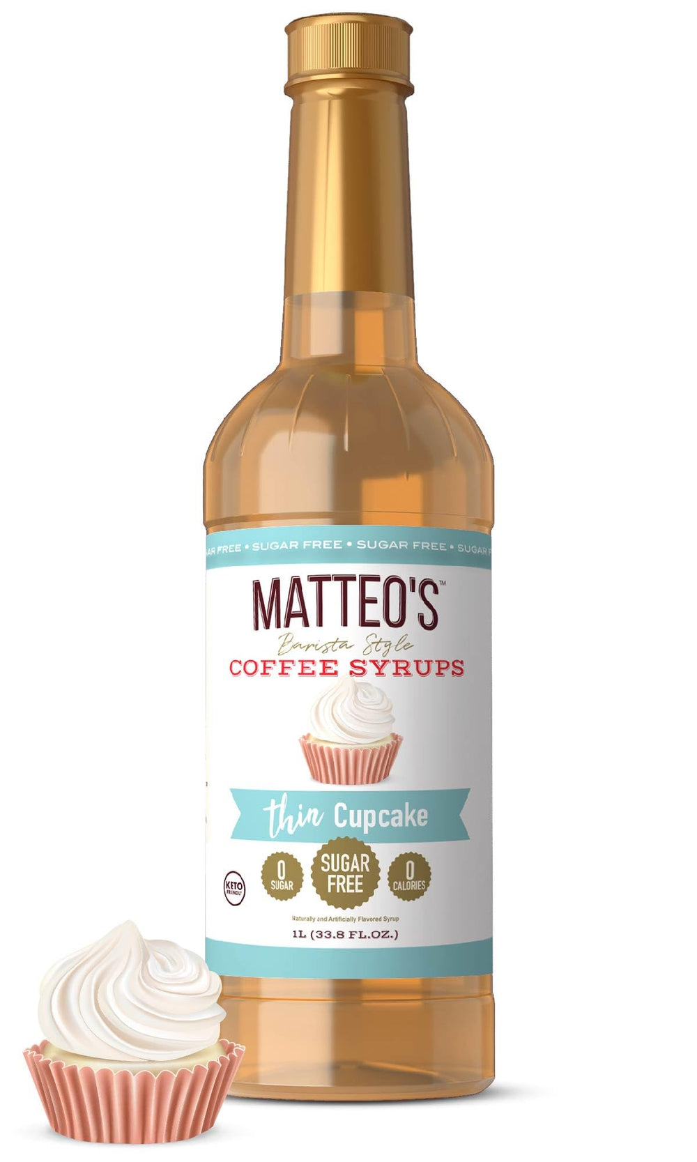 Matteo's Cupcake Syrup bottle on a café counter highlights sugar-free indulgence.