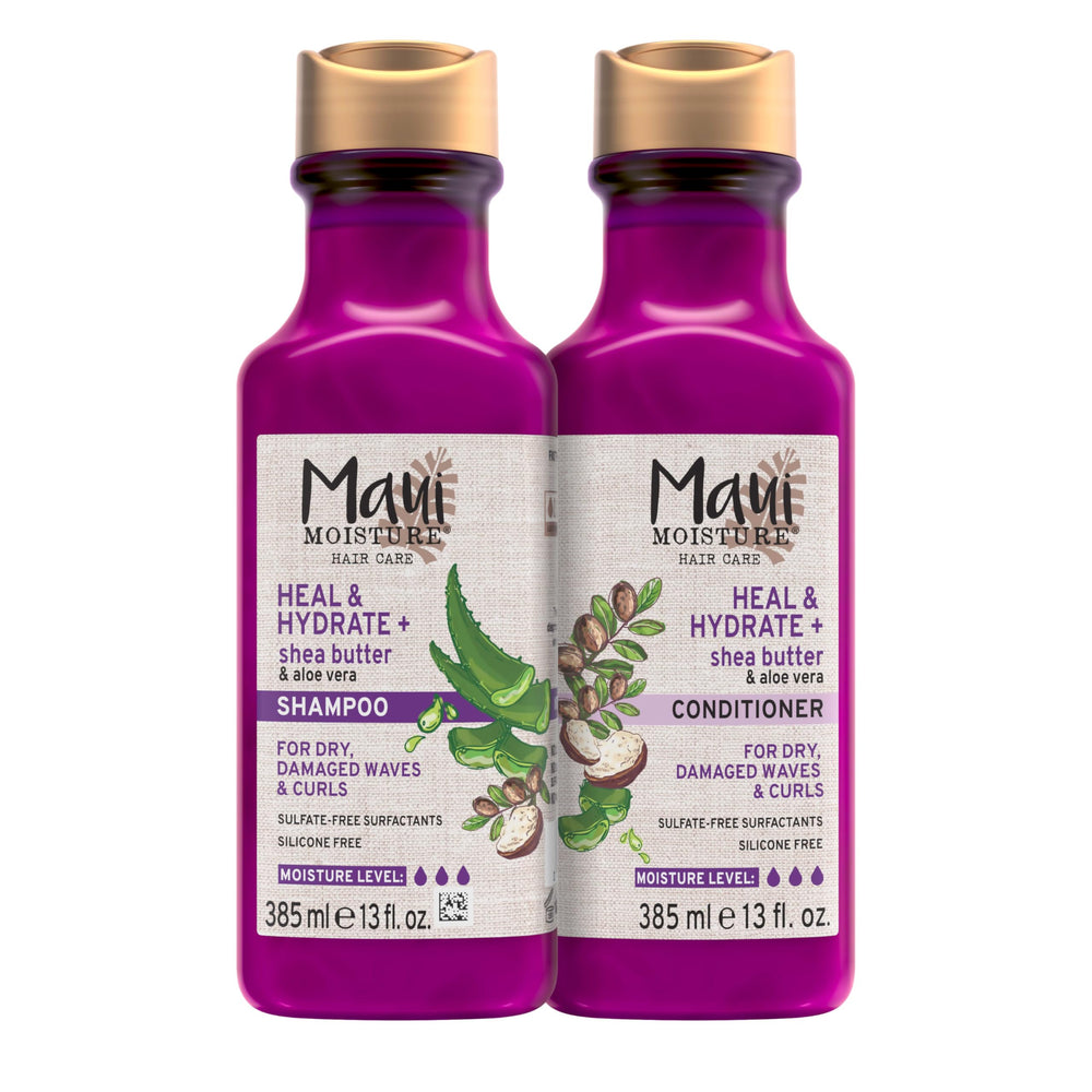 Maui Moisture Heal and Hydrate shampoo bottle delivering deep moisture for dry curls.