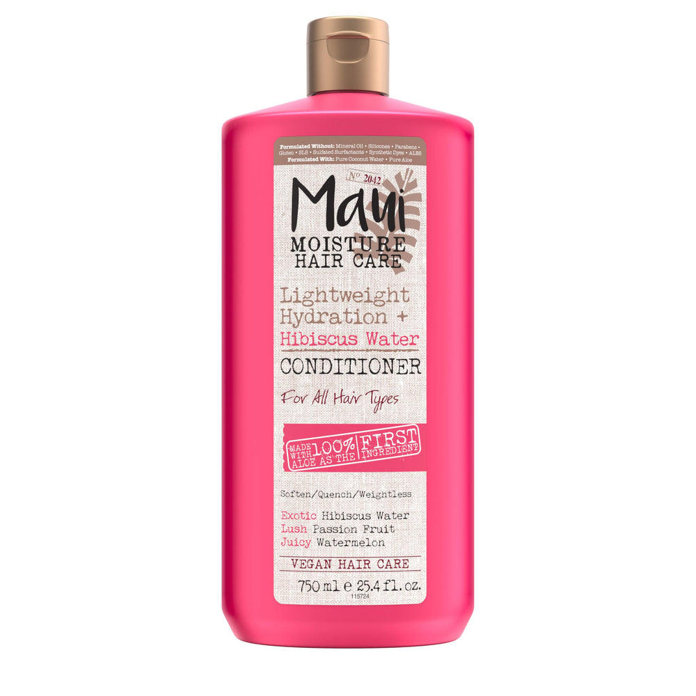 Maui Moisture lightweight hydration bottle front promoting soft, defined curls with aloe-rich formula.