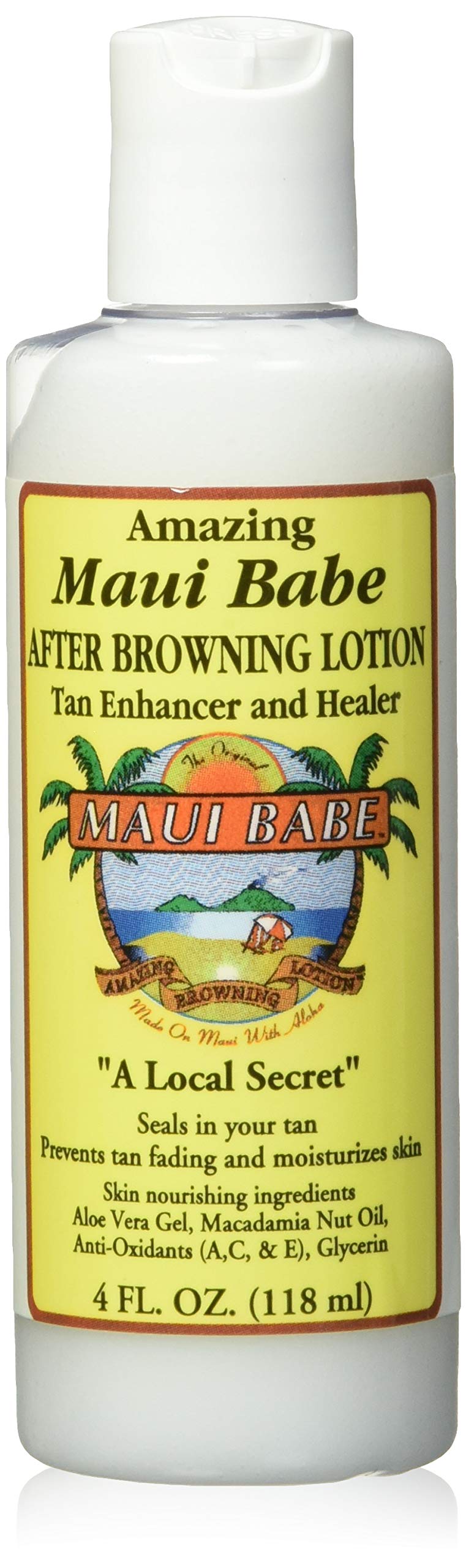 Maui Babe After Browning Lotion bottle close-up for sealing tan and moisturizing skin.